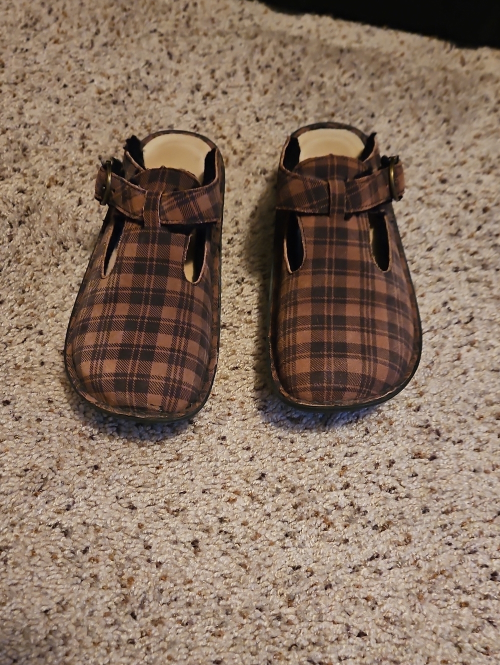 Alegria Brown Plaid Mary Jane Clog Mules